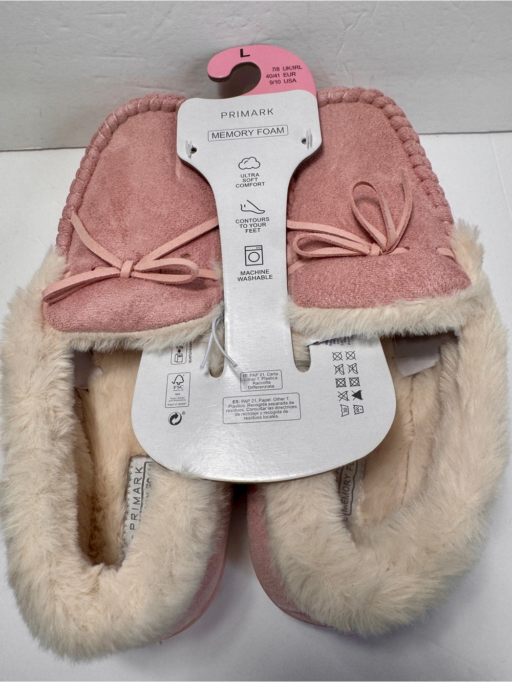 NWT Primark Pink Memory Foam Moccasin Slippers - Faux Fur Lined sz. 9/10